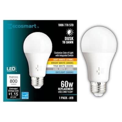 Ecosmart 60-Watt Equivalent A19 Dimmable Cec Dusk To Dawn Led Light Bulb With Selectable Color Temperature (1-Pack)