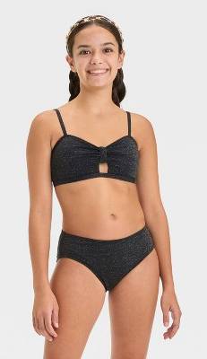 Girls' Seaside Shine Solid Bikini Set - art class™ Black S: Adjustable Straps, UPF 50+, Removable Cups, 4-Way Stretch
