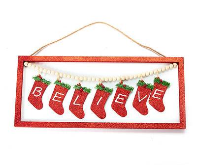 "Believe" Glitter Stocking & Bead Hanging Decor