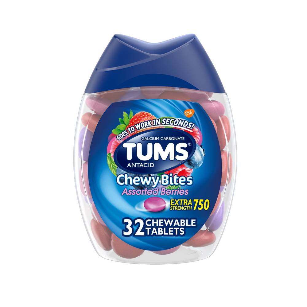 TUMS Antacid Chewy Bites Chewable Tablets, Assorted Berries, 32 CT