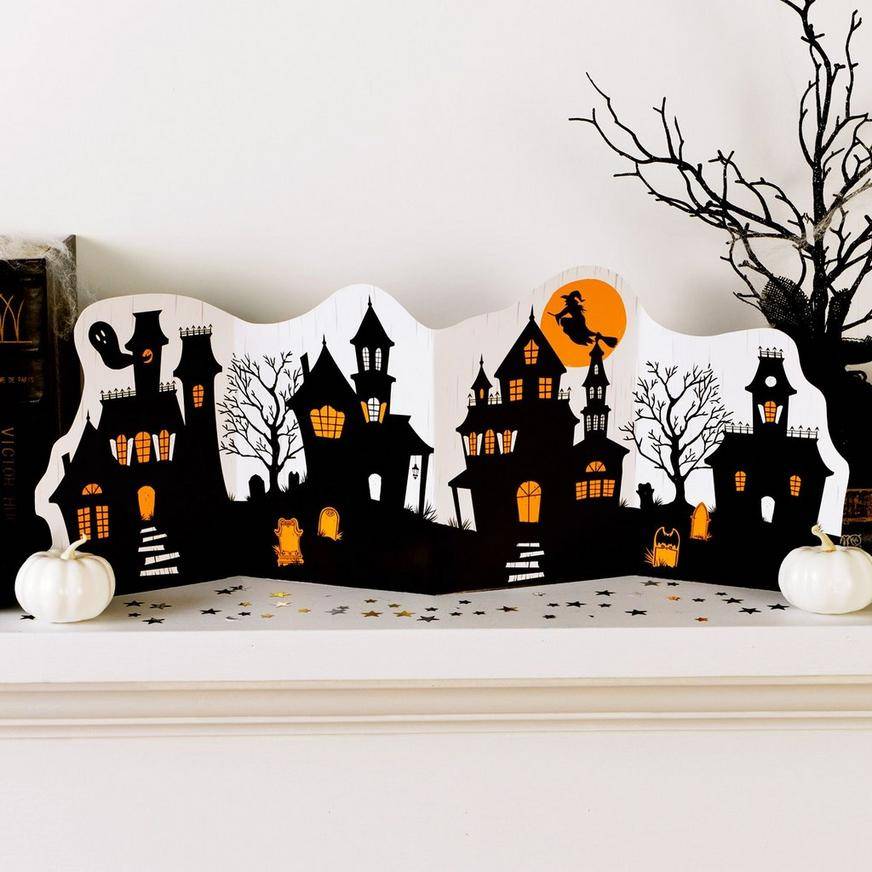 Classic Orange Black Haunted Village Paper Plastic Table Decorating Kit, 2pc