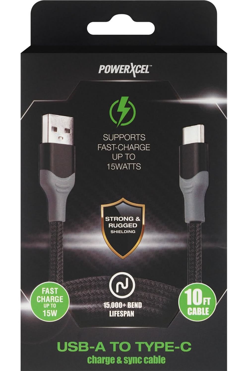 PowerXcel Kevlar Usb-A To Type-C Charge & Sync Cable, 120 in, Black