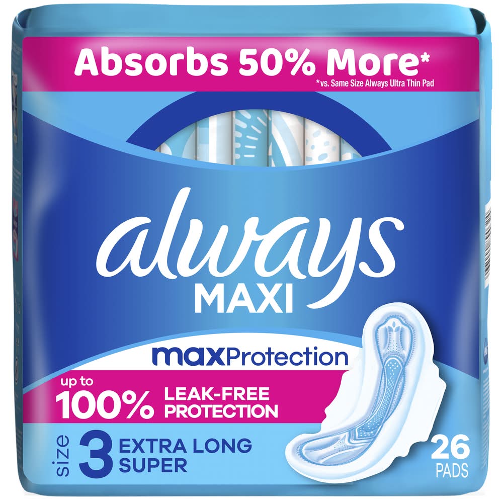 Always Maxi Extra Long Super Pads With Wings, Women, 3 (26 ct)