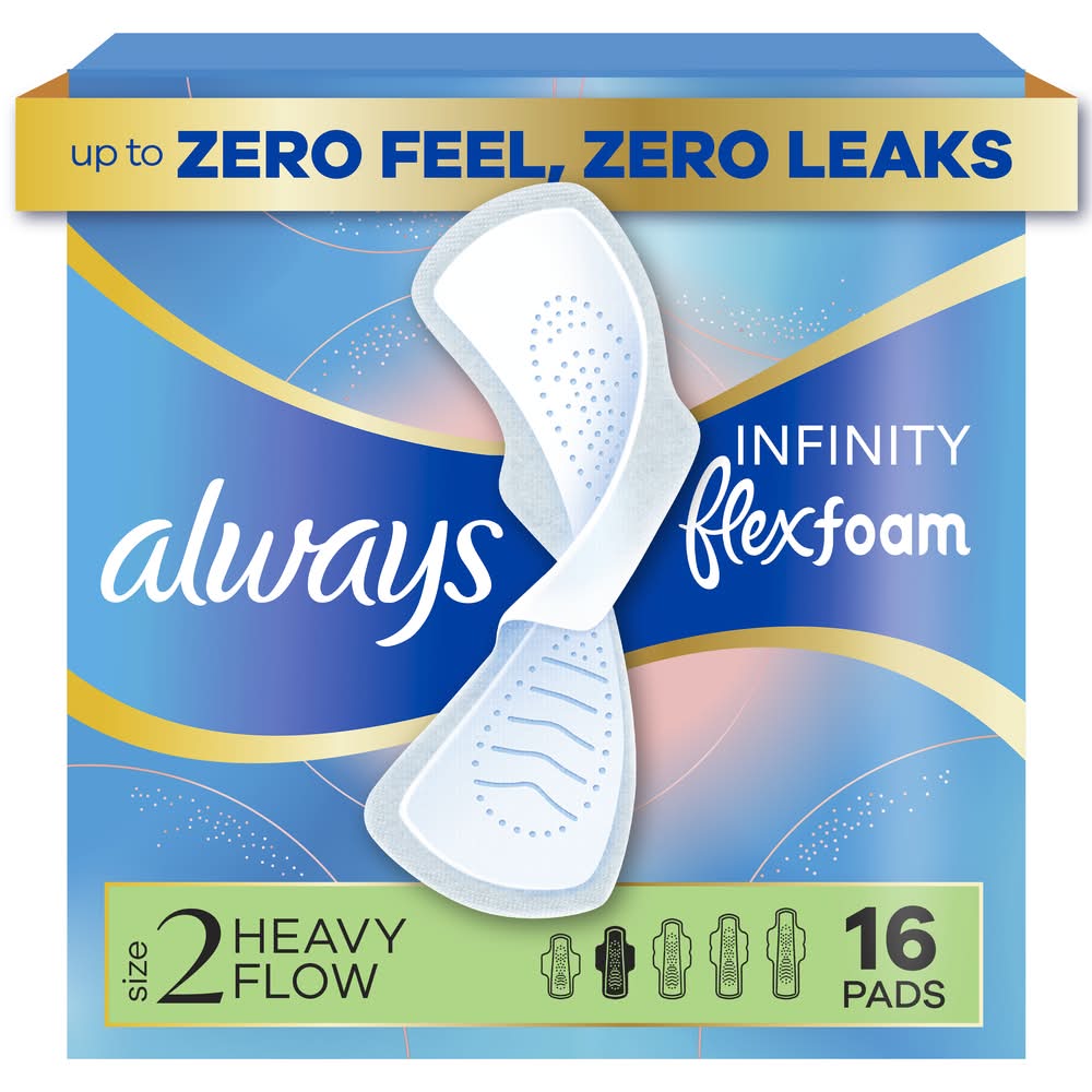 Always Infinity Flexfoam Zero Feel Leaks Heavy Flow With Flexi-Wings Pads, 2 (16 ct)