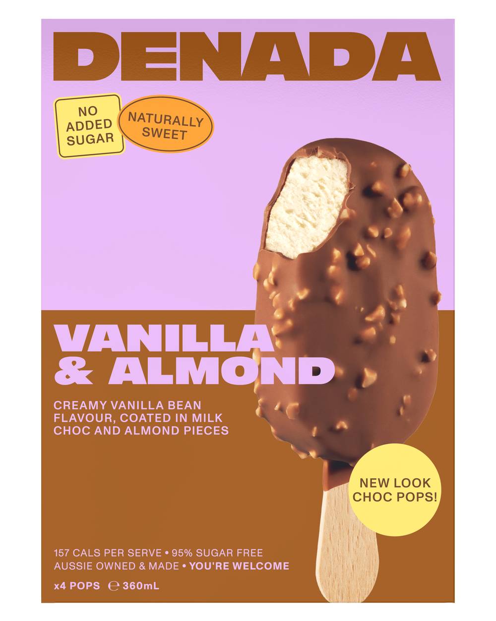 Denada Chocolate Ice Cream Bars, Vanilla-Almond (360mL, 4 pack)