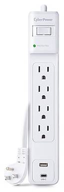 CyberPower P403UC15 Home Office 4-Outlet Surge Protector, 1-USB-C Port, 1-USB-A Port, 3 ft. Cord, 600J Surge Suppression, White