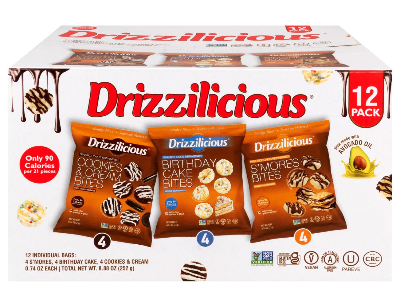 Drizzilicious Mini Rice Cake Bites Variety pack, Cookies & Cream,Birthday Cake,Smore's (0.74 oz, 12 ct)