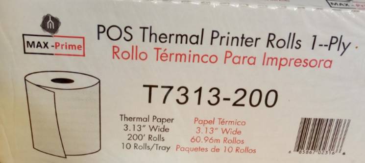 Thermal Register Roll Paper - T7313-200, 3.13" Wide, White 1-Ply 200 Ft - 10 rolls (3 Units per Case)
