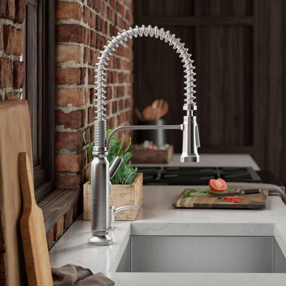 KOHLER Ealing Pre-Rinse Spring Vibrant Stainless Single Handle Pull-down Kitchen Faucet with Sprayer (Deck Plate and Soap Dispenser Included) | K-R28702-SD-VS