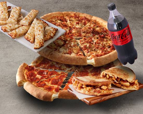 (50% Dto.) 2 Pizzas Medianas Especialidad BDQ + 1 Papadia + Pan de Ajo con Queso + 1 Bebida 1l (antes a 51,05€)