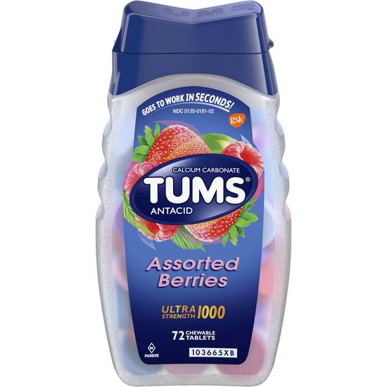 TUMS Antacid Chewable Tablets for Heartburn Relief, Ultra Strength, Assorted Berries, 72 Tablets