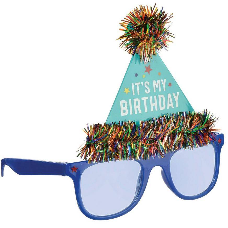 Party City Tinsel It's My Birthday Hat Plastic Sunglasses (blue)