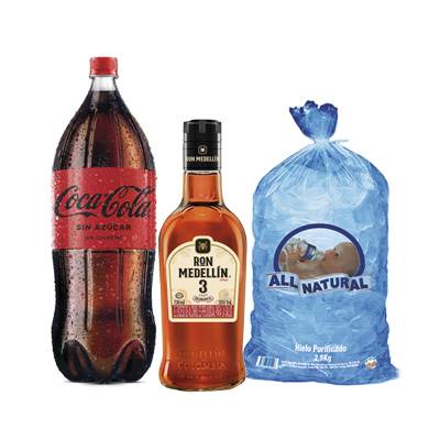 Combo ron medellin + coca cola sin azucar + hielo all natural