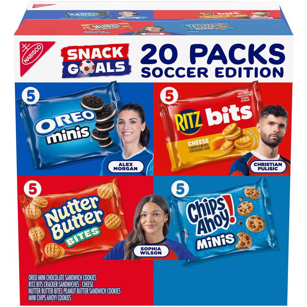 Nabisco Snack Goals Crackers & Cookies Soccer Edition Variety pack, Chocolate-Cheese-Peanut Butter (20 oz, 20 ct)