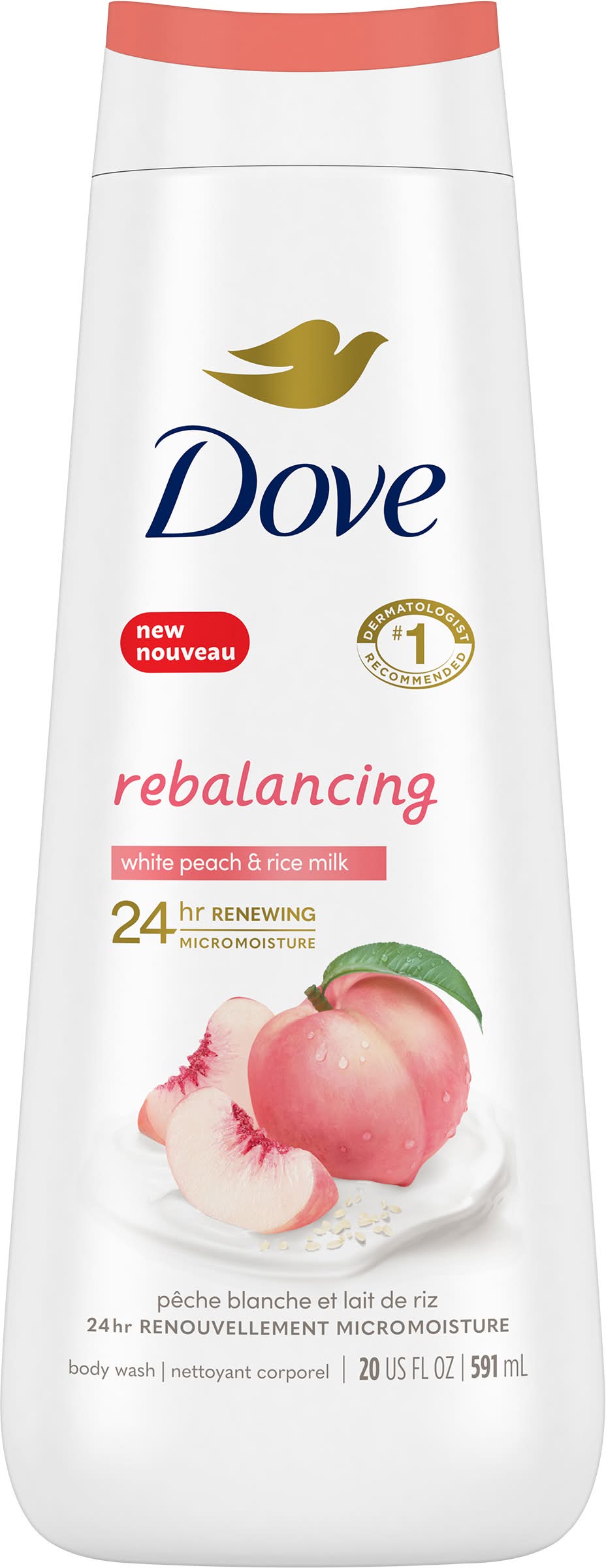 Dove Rebalancing 24 Hrs Renewing Micromoisture Body Wash, White Peach and Rice Milk (20 fl oz)
