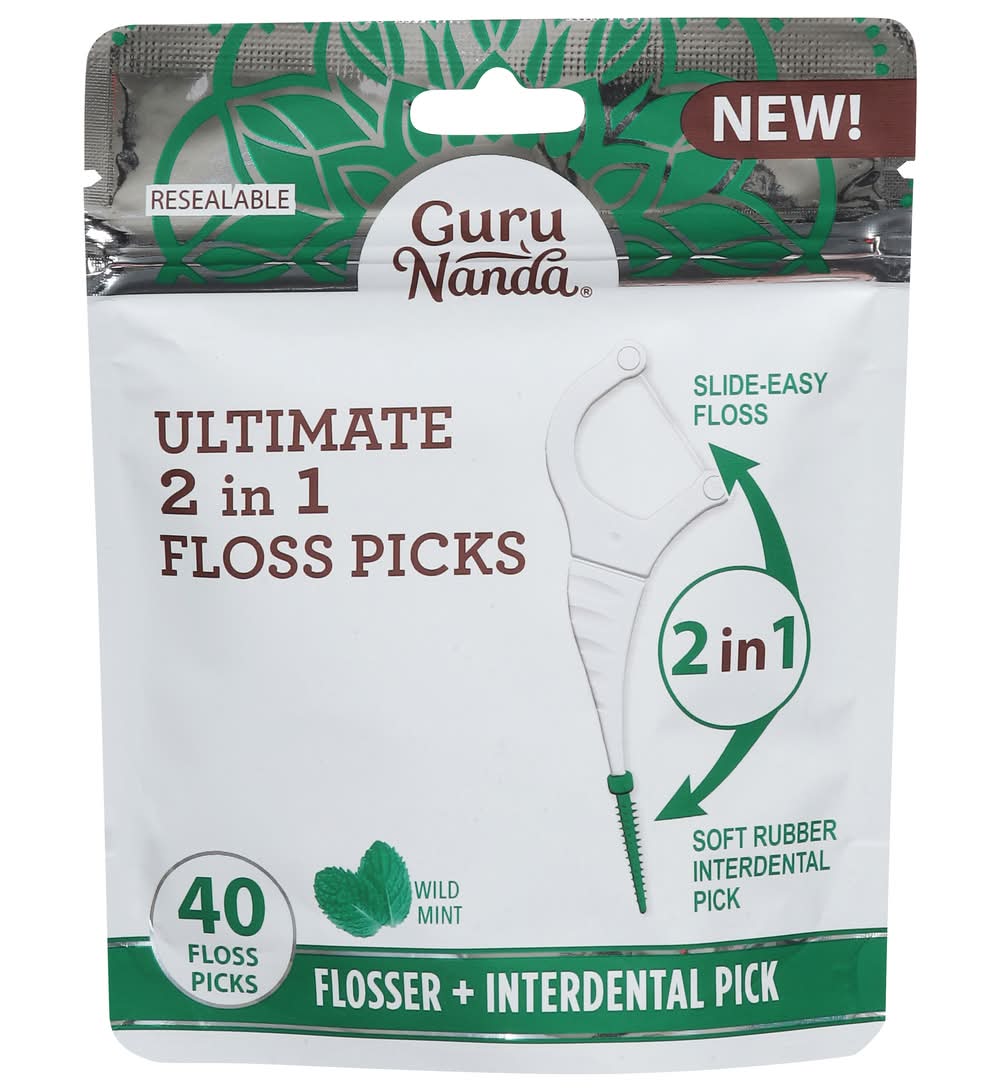 GuruNanda Ultimate 2 in 1 Floss Picks, Wild Mint (40 ct)