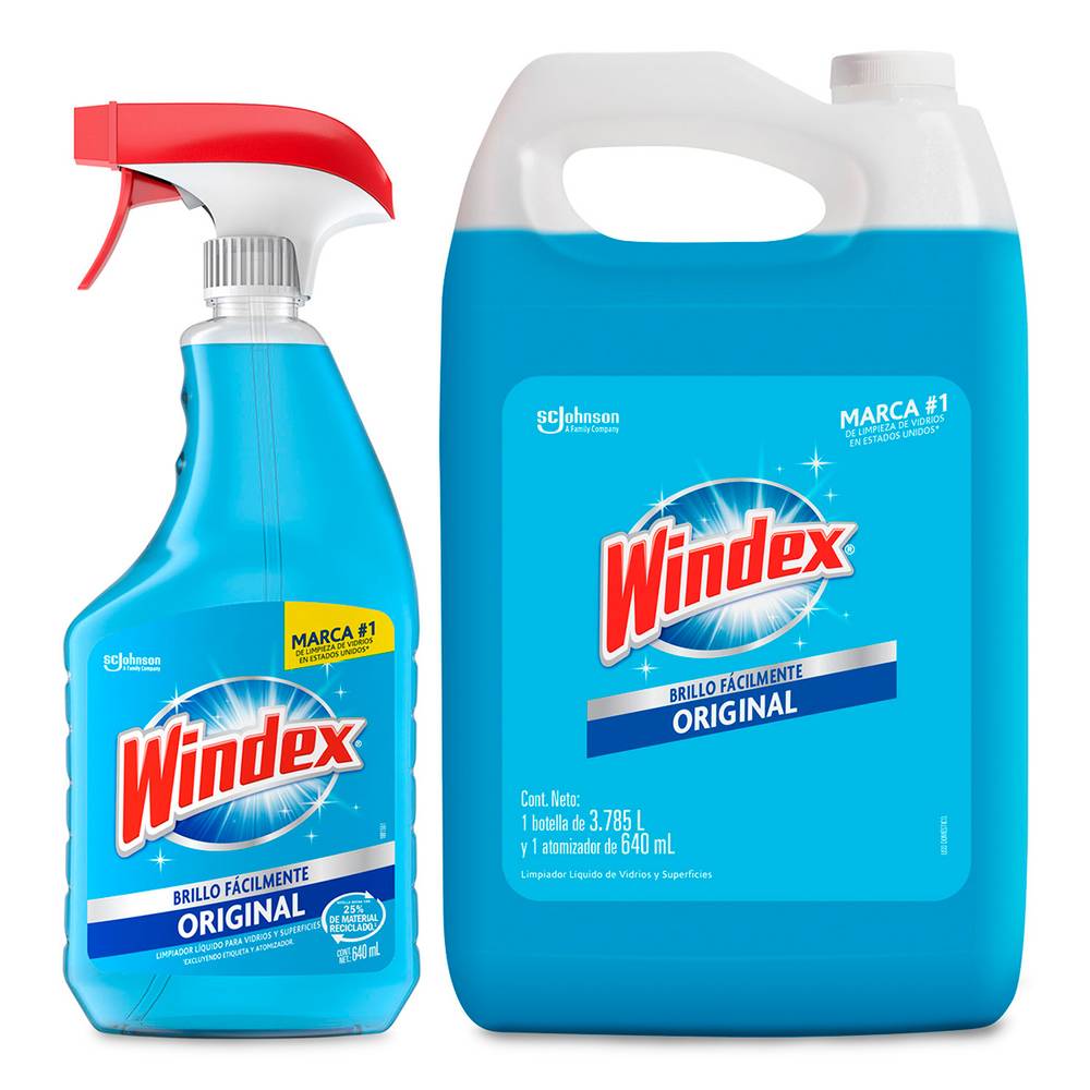 Windex pack limpiador para vidrios (galón 3.785 l + atomizador 640 ml)