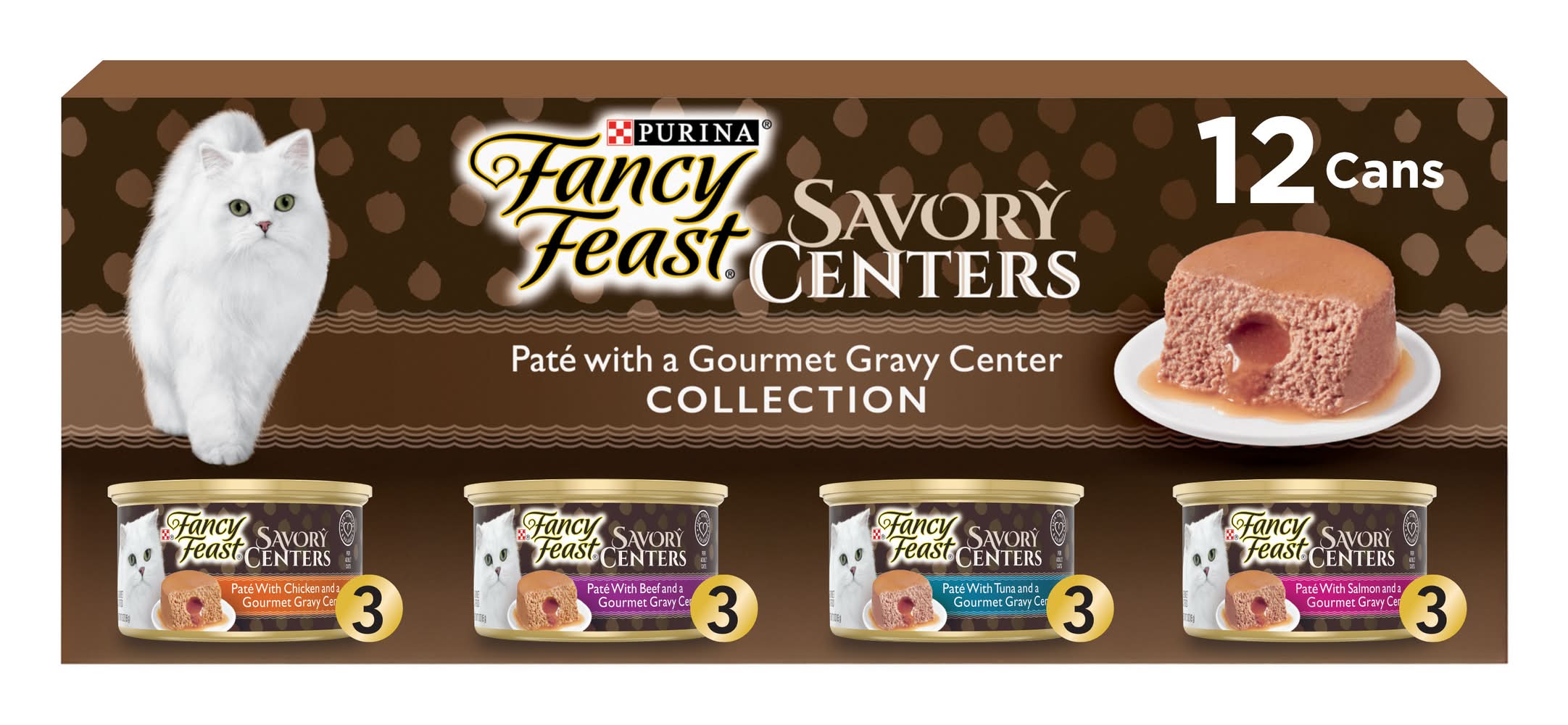 Purina Fancy Feast Savory Centers Pate With Gravy Wet Cat Food Variety pack, Chicken-Beef-Tuna-Salmon, Adult (12 x 3 oz)