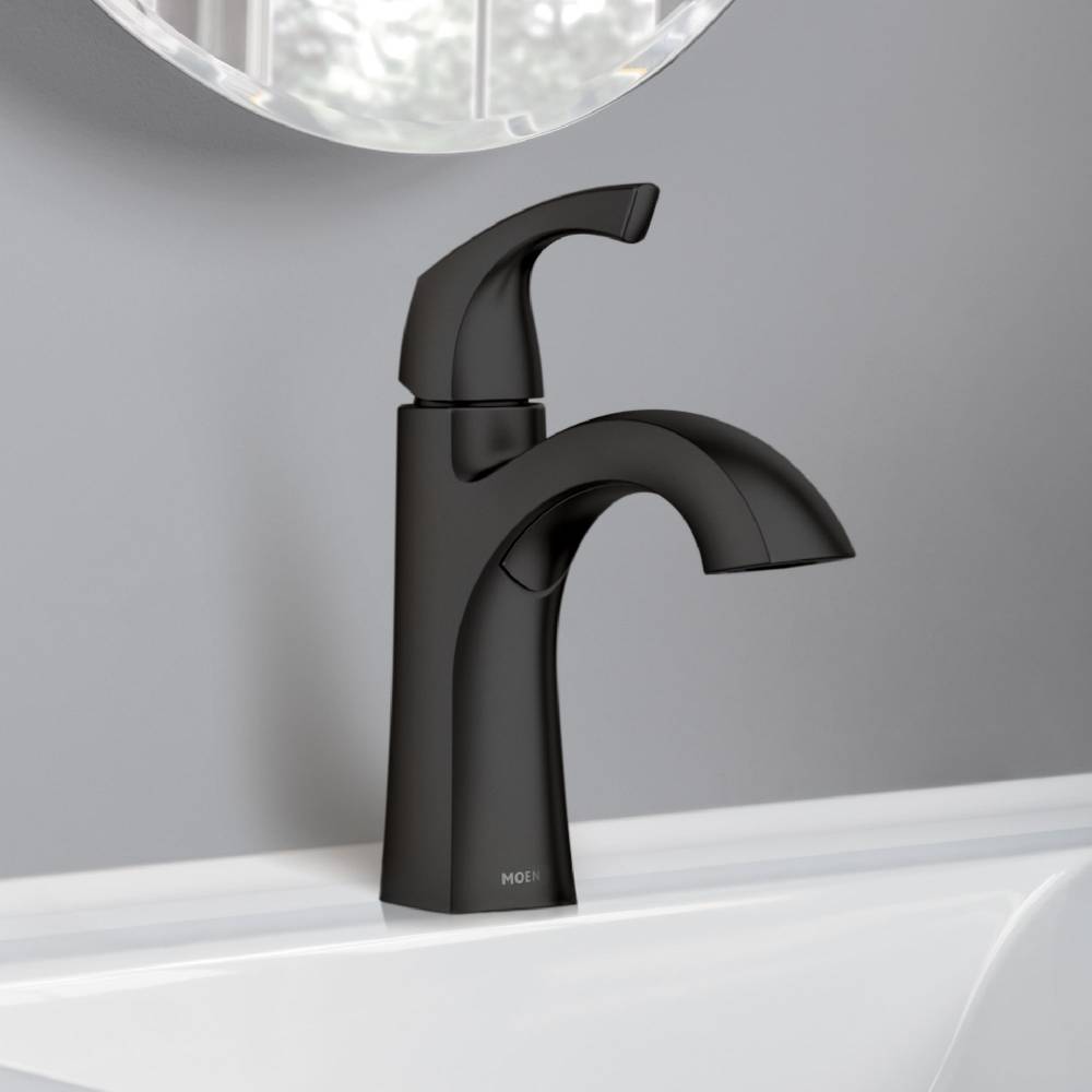 Moen Lindor Matte Black Single Hole 1-Handle WaterSense Bathroom Sink Faucet with Drain and Deck Plate | 84505BL