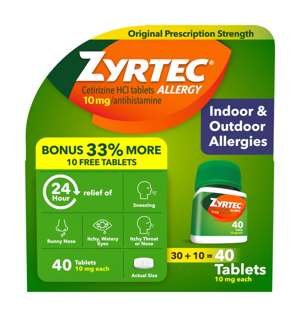 Zyrtec Original Prescription Strength 10 mg Indoor & Outdoor Allergies Tablets (1.3 oz, 40 ct)