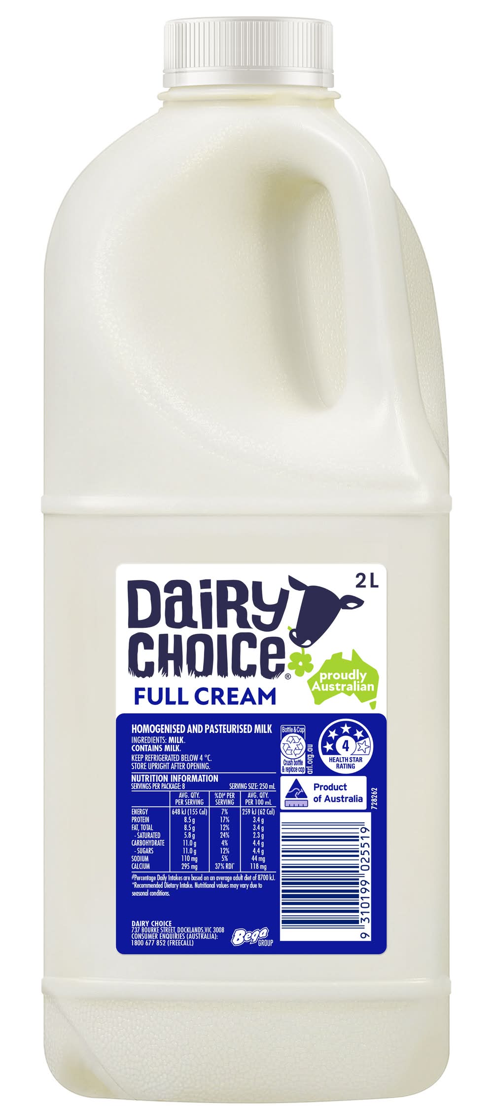 Dairy Choice Full Cream Homogenised & Pasteurised Whole Fresh Milk (2L)