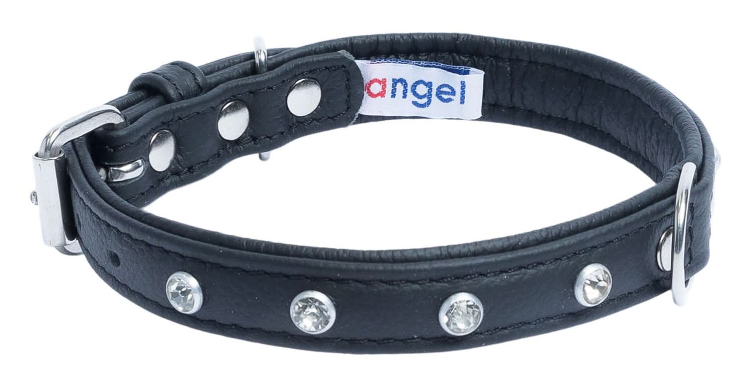 Angel Athens Dog Collar Leather with Rhinestone Midnight Black, 14 in