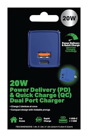20W Power Delivery & Quick Charge Dual Port Wall Charger Medium Blue
