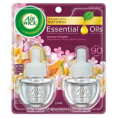 Air Wick Plug In Scented Oil with Essential Oils, Air Freshener Summer Delights (White Flowers/Melon/Vanilla), Twin Refill - 0.67 oz x 2 pack