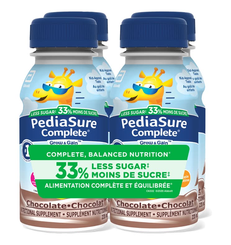 Pediasure complete supplément nutritionnel à teneur réduite en sucre (vanille-chocolat-fraise) (4 unités) - pediasure complete balanced nutritional supplement, chocolate (4 x 235 ml)