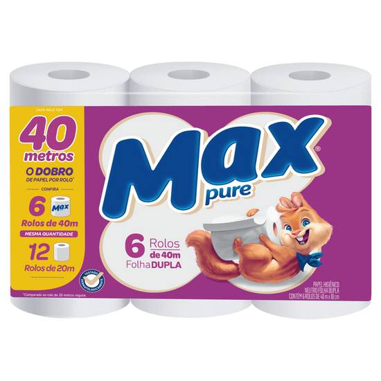 Max pure papel higiênico folha dupla neutro 40m (6 unidades)