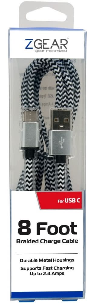 ZGear Braided Usb C Sync & Charge Cable, 8 ft, Black/White