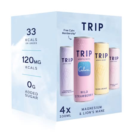 Trip Raspberry Orange Blossom-Wild Strawberry-Blood Orange-Elderflower Mint, Magnesium & Lion's Mane Soft Drink (4 x 330ml)