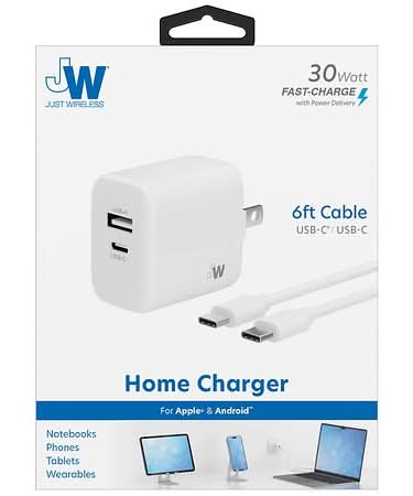 Just Wireless Home Charger Dual Usb Cable Fast Charge 30 Watt, 6 ft, White
