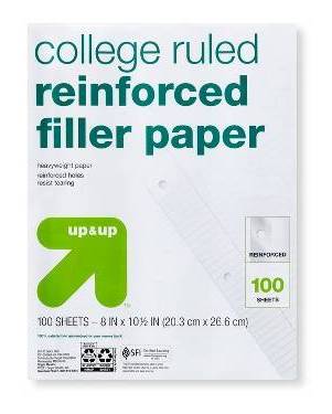 up&up College Ruled Reinforced Filler Paper, 8 in x 10.5 in, White (100 ct)