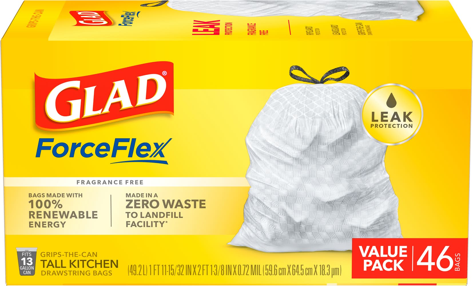 Glad Forceflex Tall Kitchen Drawstring Trash Bags, 59.6 cm * 64.5 cm (46 ct)