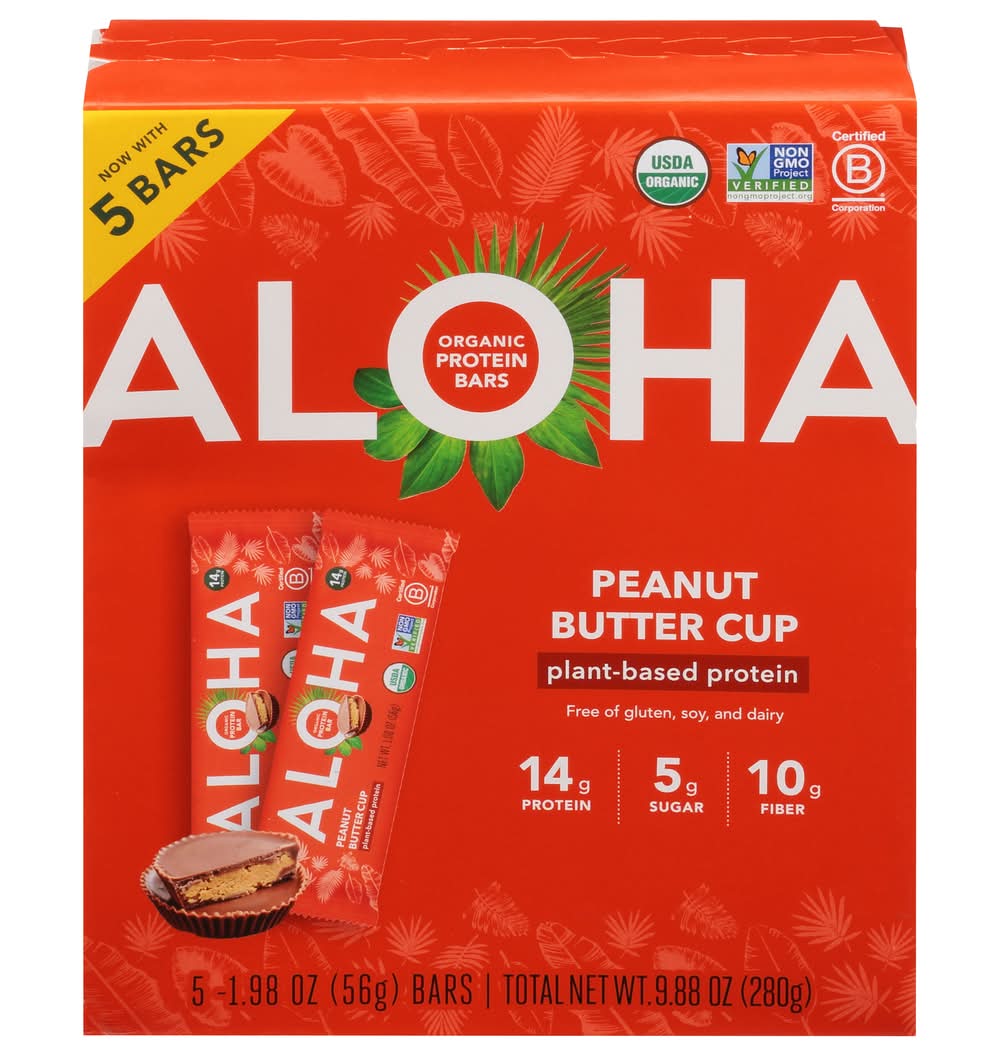 Aloha Plant Based Protein Bars, Peanut Butter Cup (5 x 1.98 oz)