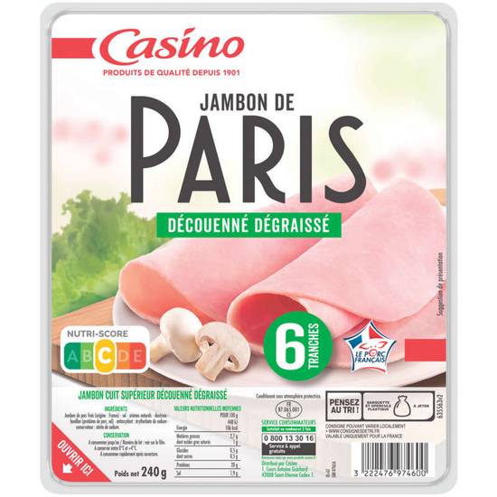 CASINO - Jambon de Paris - Découenné dégraissé - 6 tranches - 240g