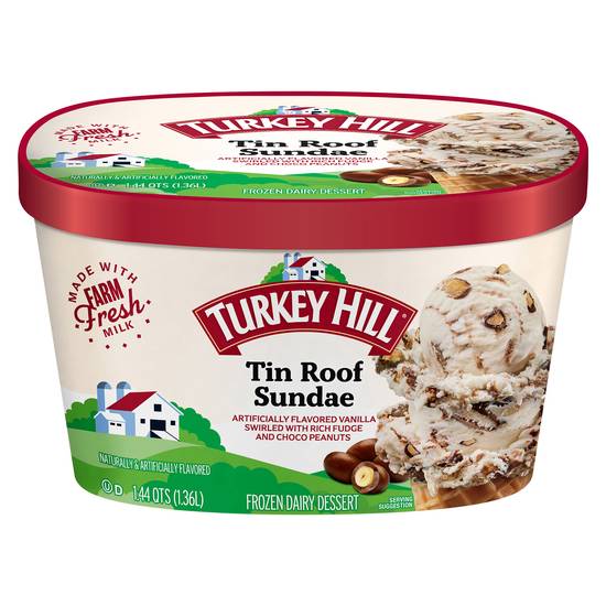 Turkey Hill Farm Fresh Milk Tin Roof Sundae Frozen Dairy Dessert (vanilla swirled-rich fudge-choco peanuts)