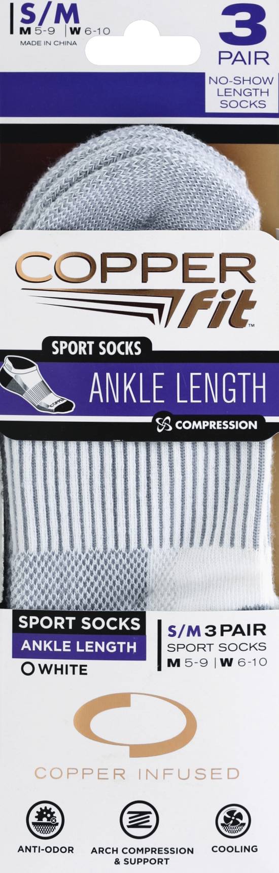 Copper Fit Ankle Length S/M White Sports Socks (3 ct)