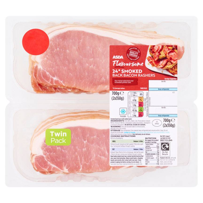 ASDA Flavoursome 24 Smoked Back Bacon Rashers (2 pack)