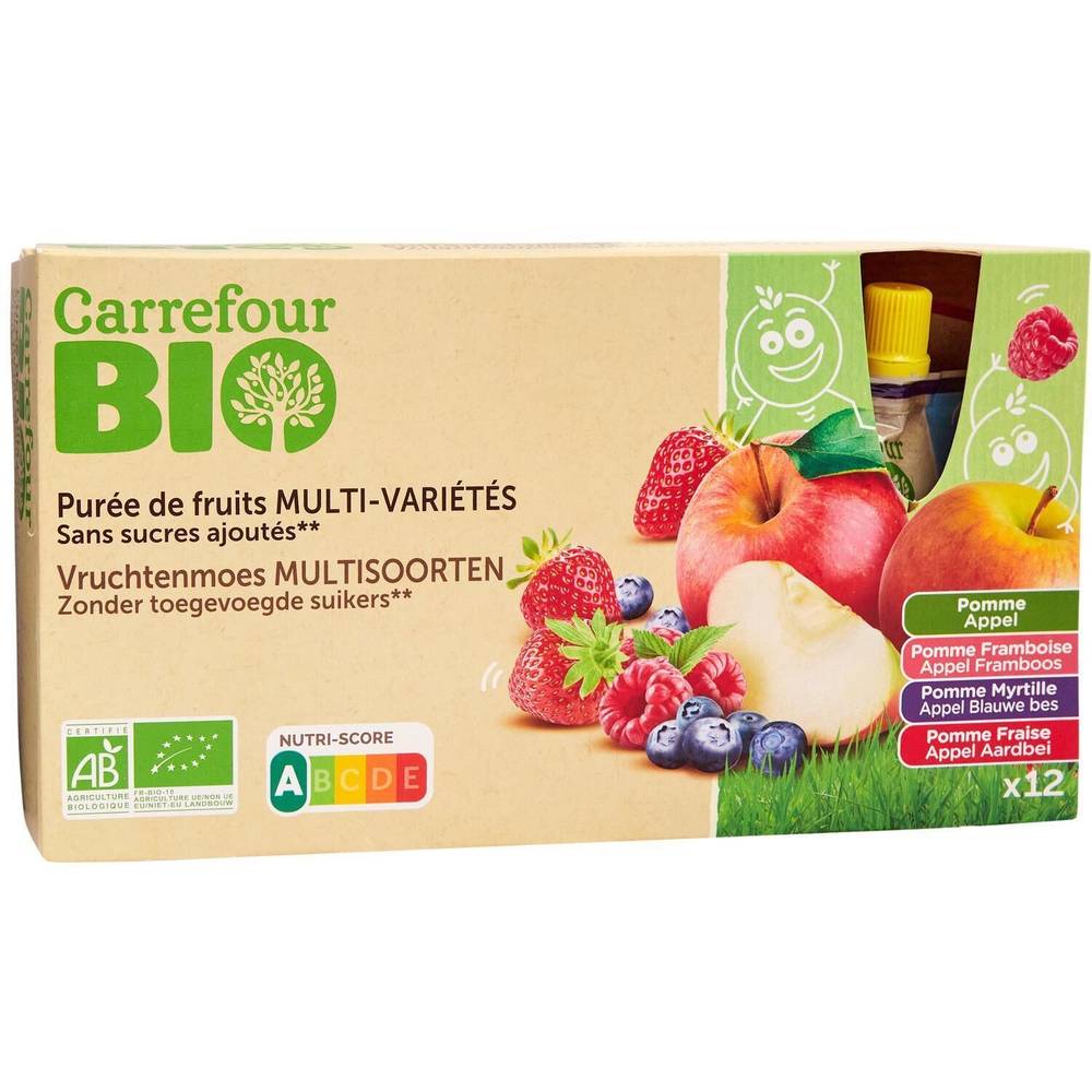 Carrefour Bio - Compote de fruits multi variétés bio sans sucres ajoutés (12 x 90g)