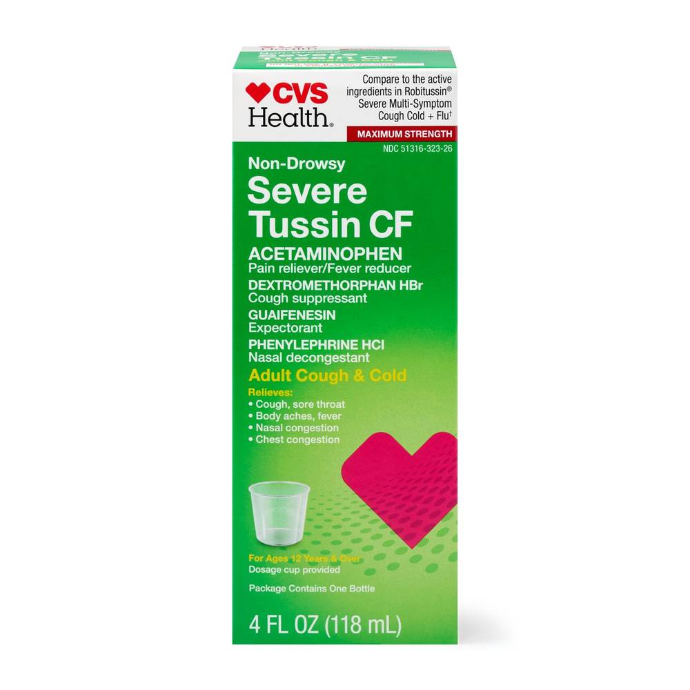 Cvs Health Maximum Strength Non Drowsy Severe Tussin Cf Cough & Cold Liquid, 4 Oz