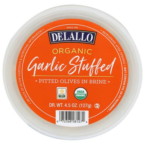 Delallo Organic Garlic Stuffed Pitted Green Olives