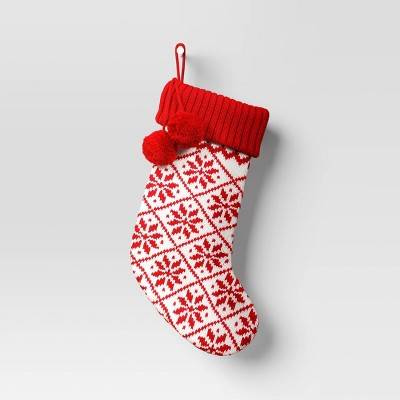 20" Knit Fair Isle Snowflakes Christmas Stocking with Pom Poms Red/White - Wondershop™