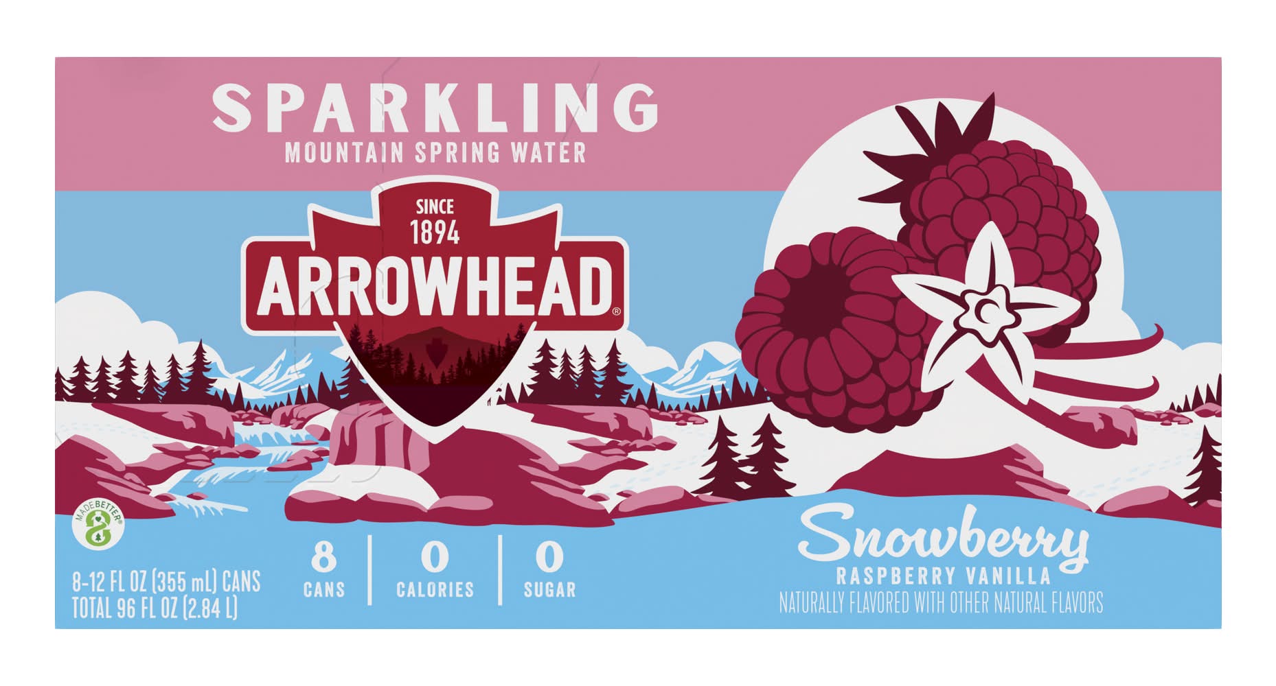 Arrowhead Sparkling Mountain Spring Water, Snowberry-Raspberry-Vanilla (8 x 12 oz)