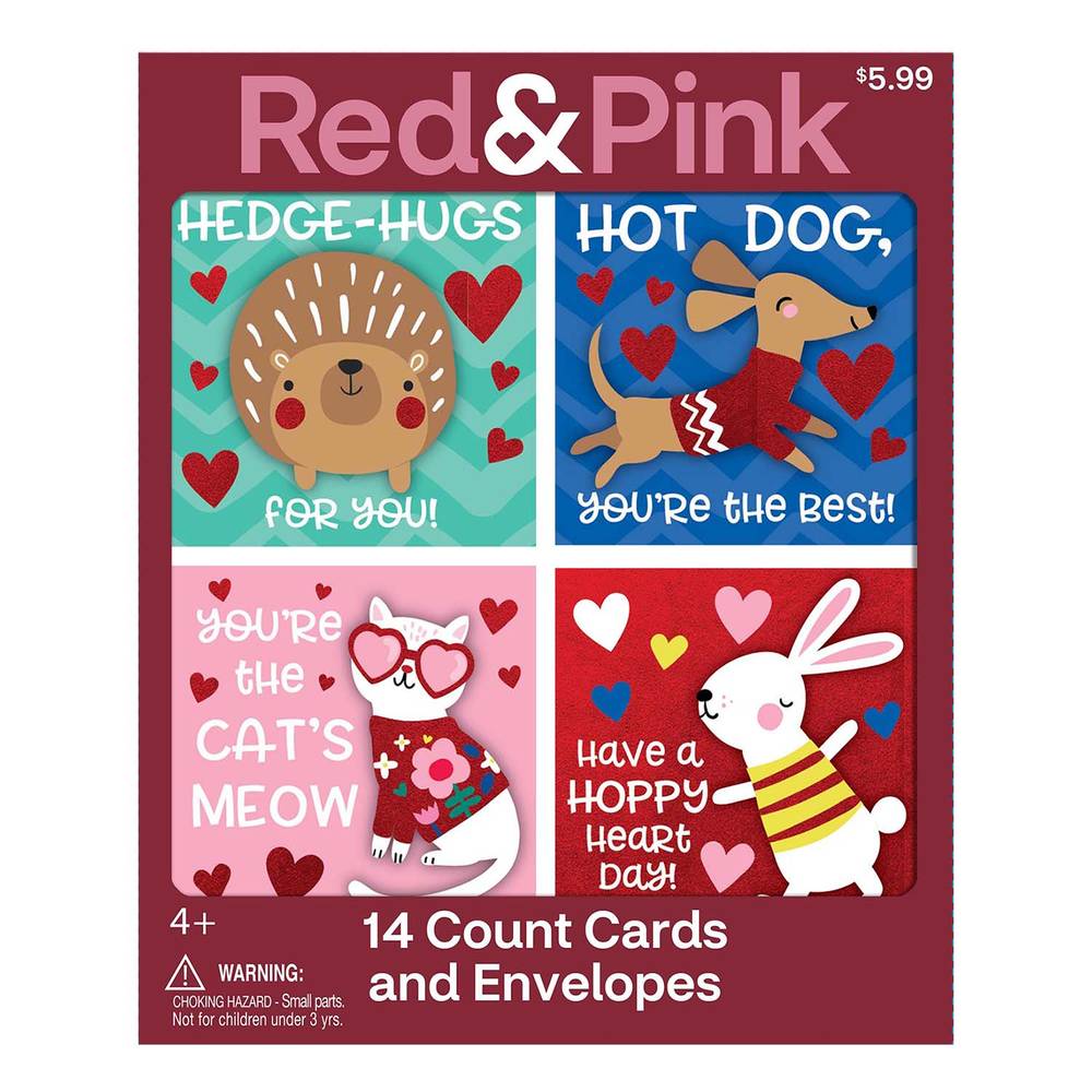 Red & Pink Furry Friends Valentine's Day Children's Exchange Cards & Envelopes, 14ct