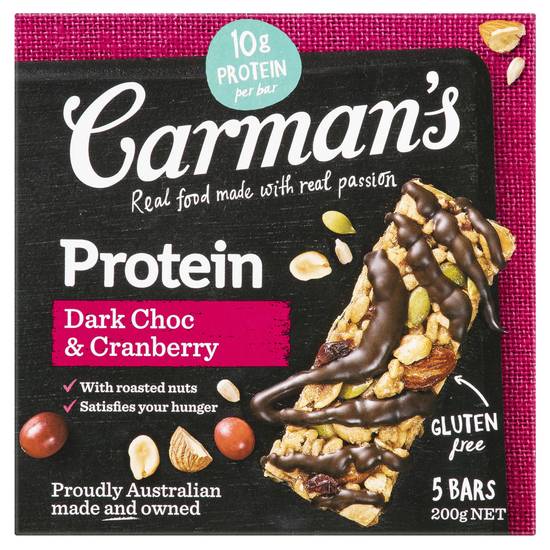 Carman's Gourmet Protein Bars Dark Choc & Cranberry (5 Pack) 200g