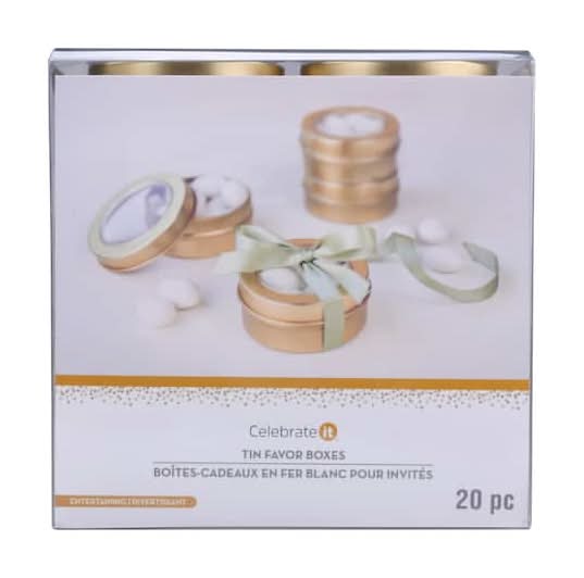 Celebrate It Entertaining Round Tin Favor Boxes, 2.52x1 in, Gold (20 ct)