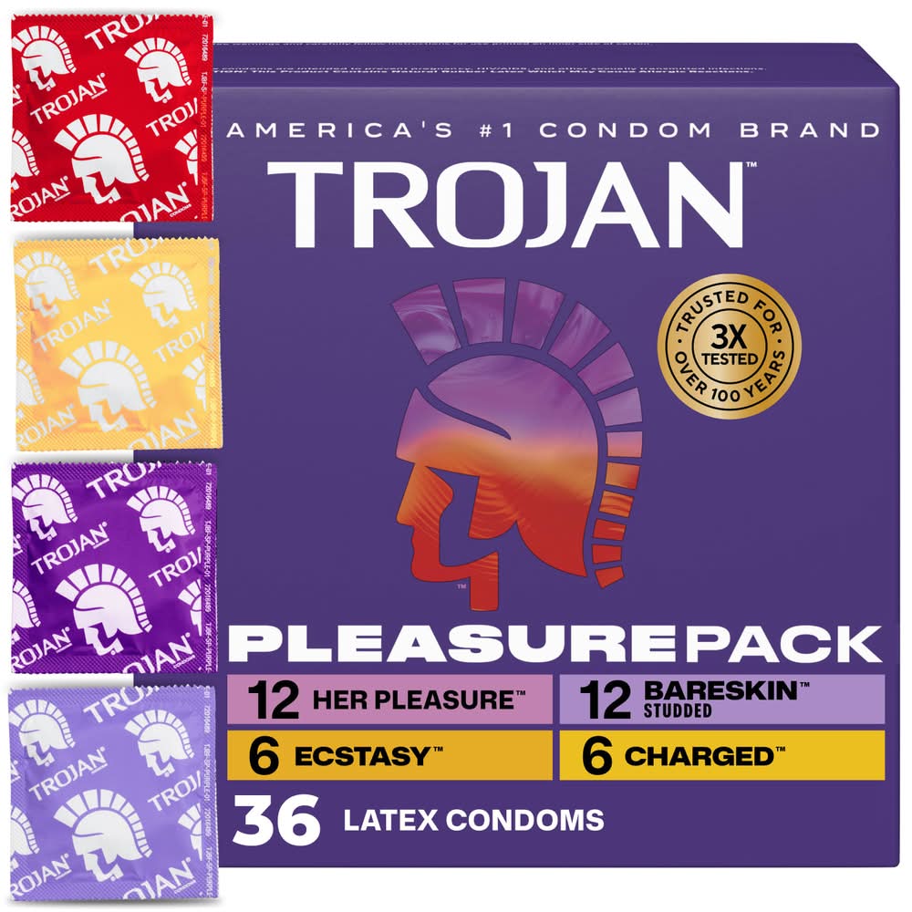 Trojan Latex Lubricated Condoms Pleasure pack, Assorted, Men (36 ct)