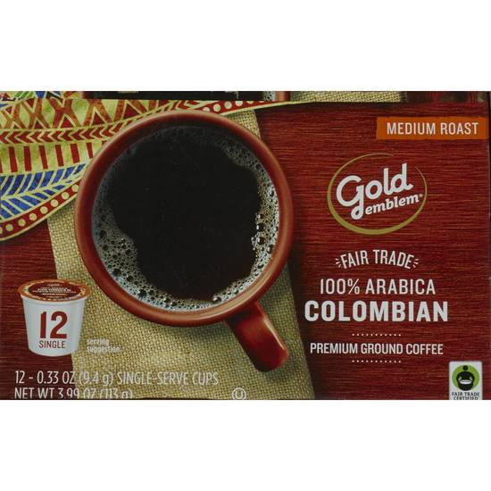Gold Emblem Fair Trade Colombian Premium Ground Coffee Single-Serve Cups, 12 CT